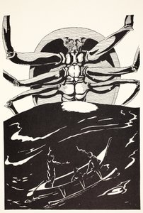 Pau Amma o caranguejo que aumenta fora do mar tão alto quanto a fumaça de três vulcões, ilustração de "apenas assim histórias para crianças pequenas" por Rudyard Kipling, bar. Londres, 1951
